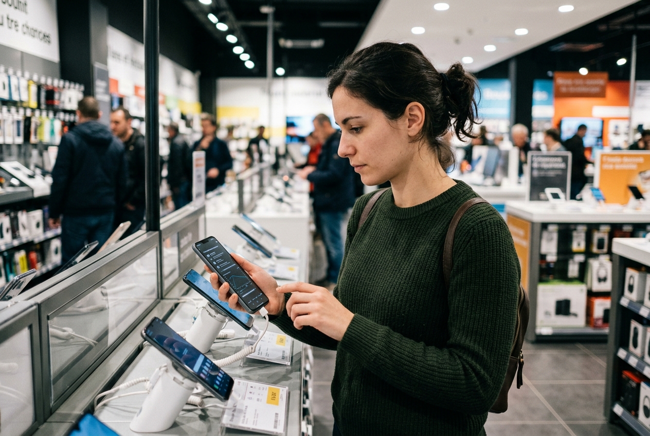 Une personne examine un smartphone dans un rayon high-tech pour comparer ses caractéristiques avant un achat.