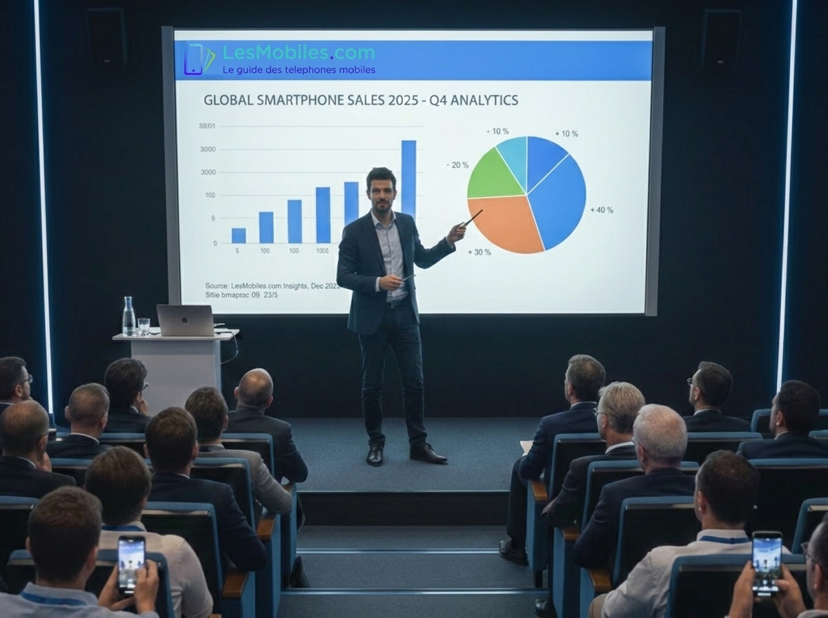 Un homme présente l'analyse des ventes mondiales de smartphones du quatrième trimestre 2025 devant une salle de conférence.