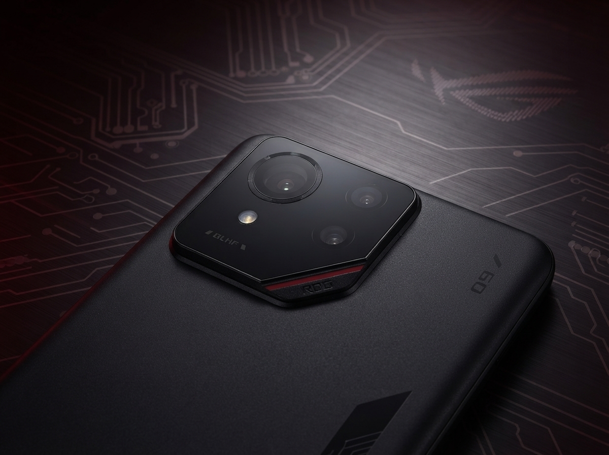 Bloc optique arrière d'un smartphone Asus ROG Phone sur fond sombre avec motifs de circuits imprimés.