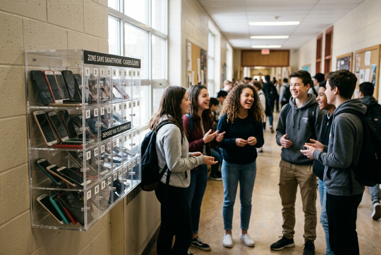 Meuble mural transparent contenant des smartphones éteints dans un couloir de lycée avec des élèves discutant.
