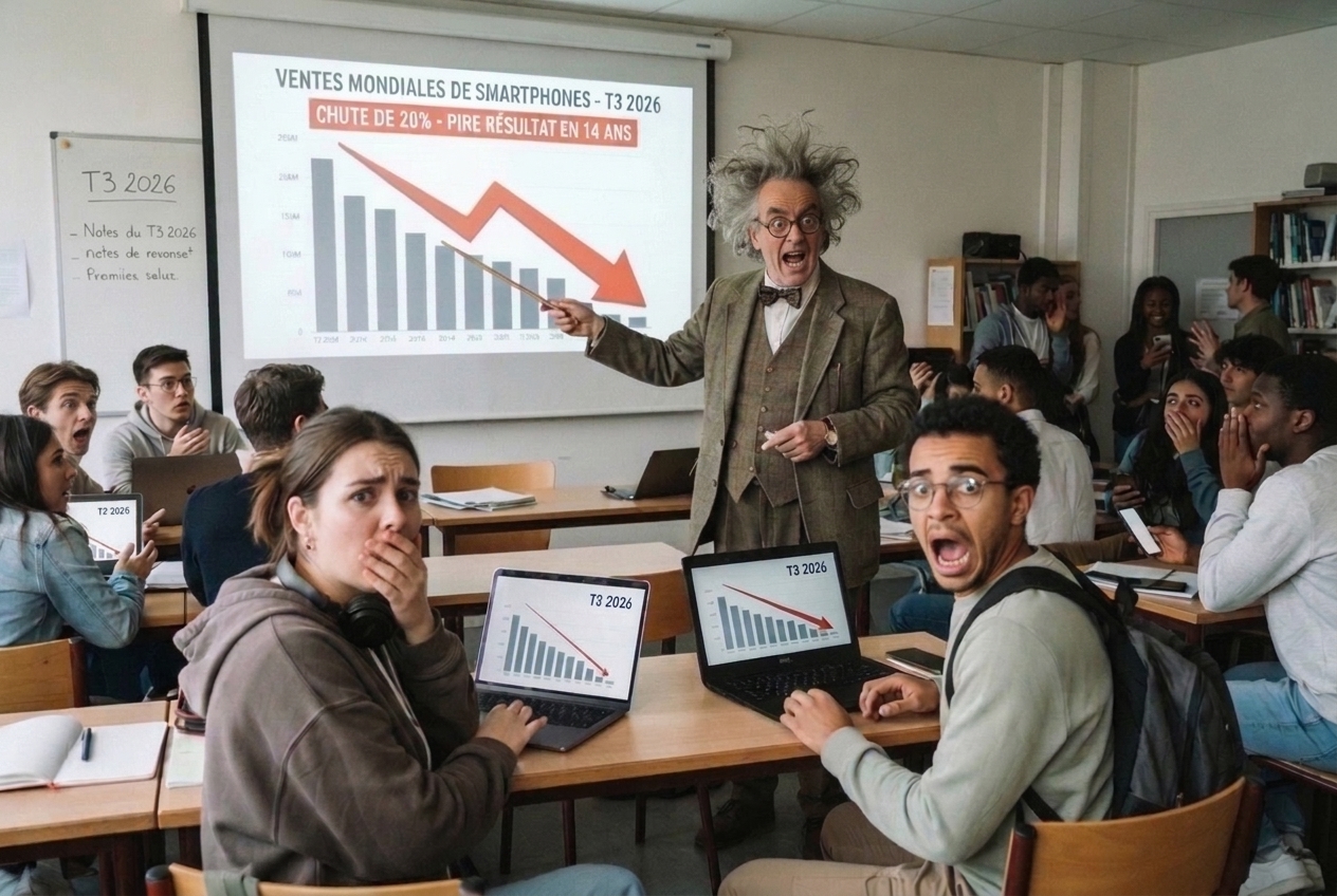 Un enseignant montre un graphique projeté indiquant une chute de 20 % au T3 2026 devant des étudiants surpris.