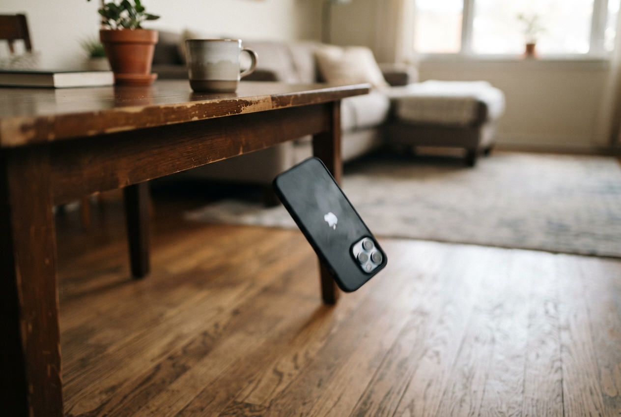 Un smartphone tombe d'une table vers le sol.