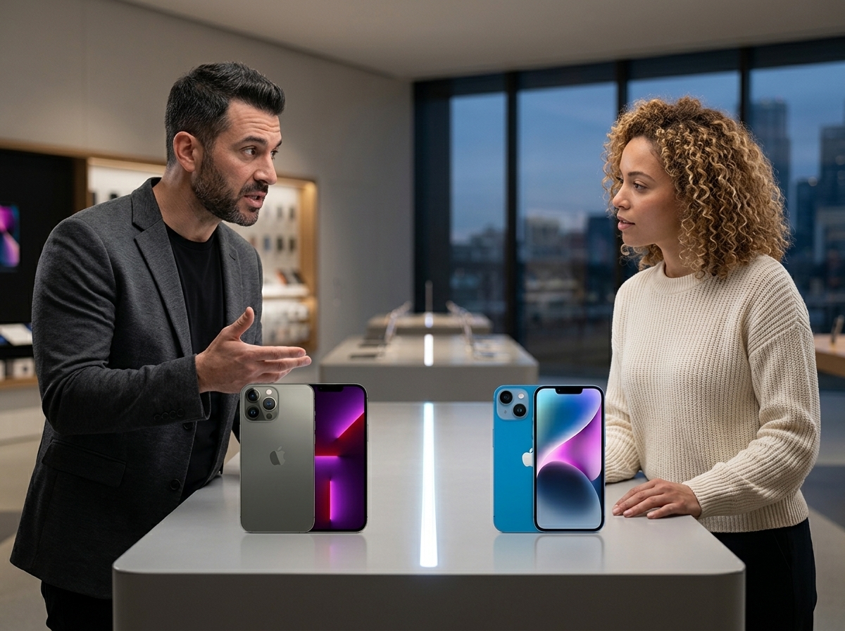 Un homme et une femme se font face avec un iPhone 13 Pro Max et un iPhone 14 posés sur une table entre eux.