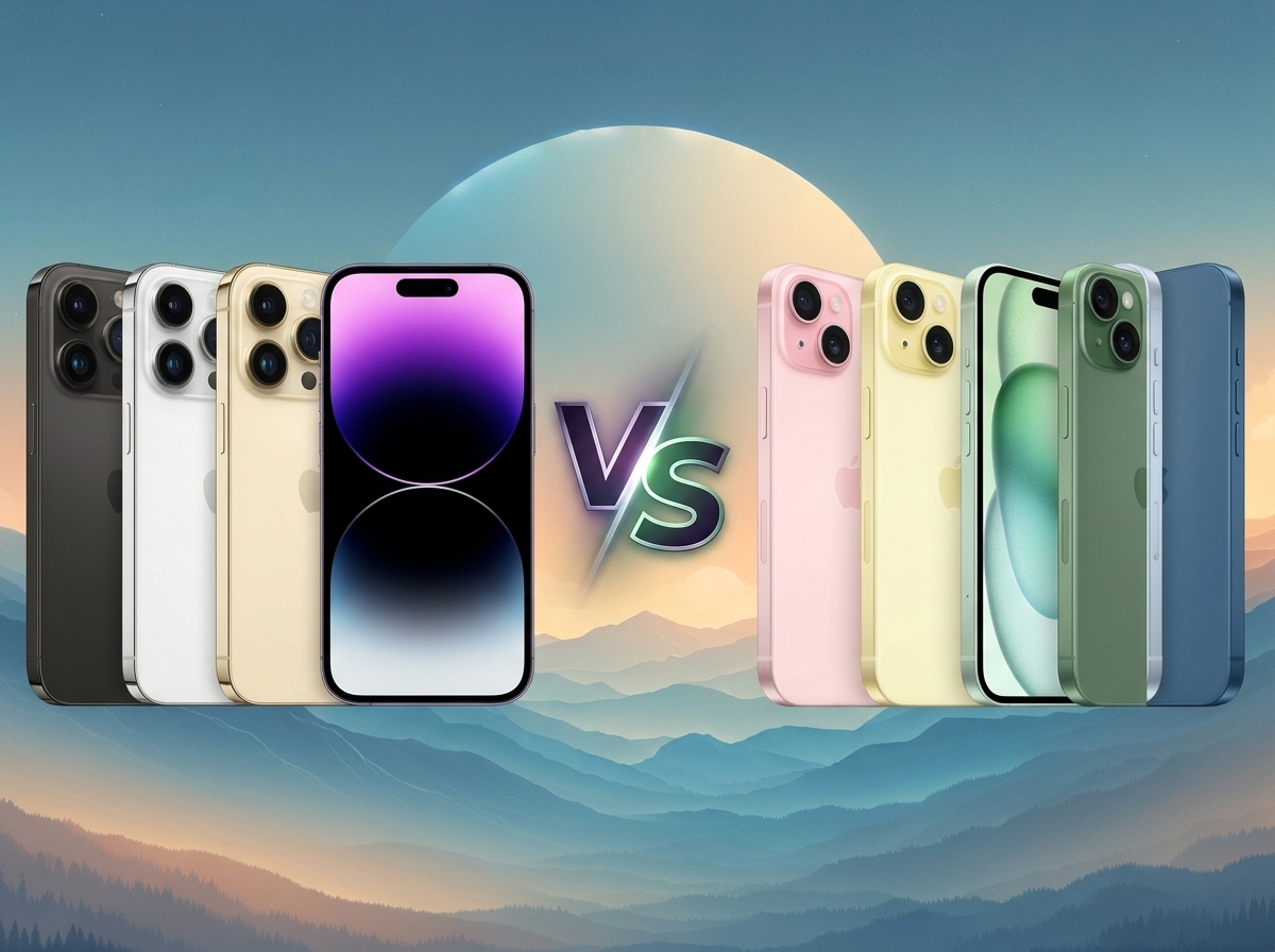 Comparaison visuelle entre l'iPhone 14 Pro et l'iPhone 15 Plus avec un symbole VS au centre.