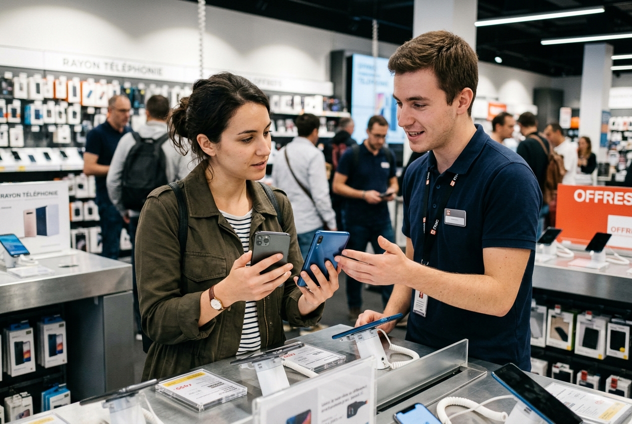 Une personne compare deux smartphones en magasin avec l'aide d'un vendeur dans un espace de vente d'électronique.