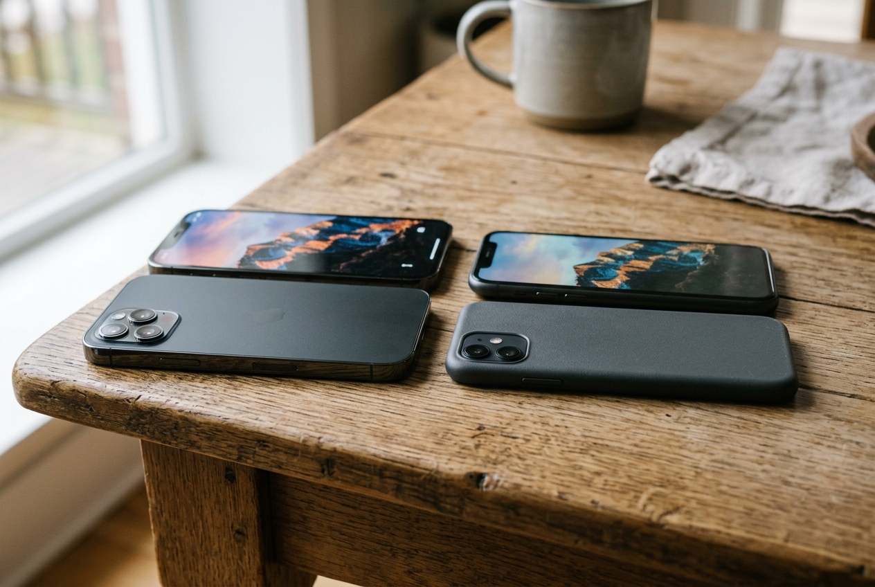 Deux smartphones posés côte à côte sur une table, montrant des différences de matériaux et d'écrans.