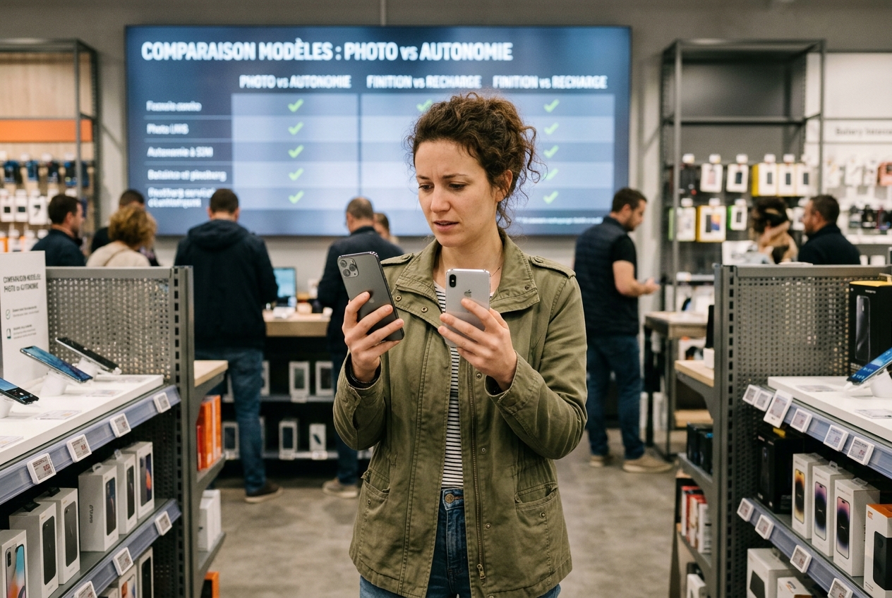 Une personne compare deux smartphones en main devant un écran affichant des caractéristiques techniques.