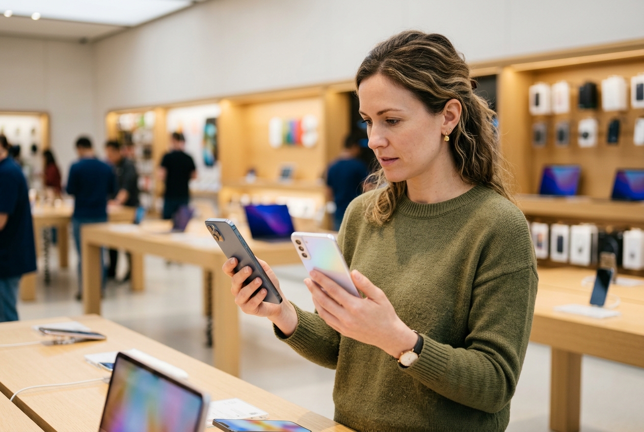 Une personne compare deux smartphones dans un magasin d'électronique.