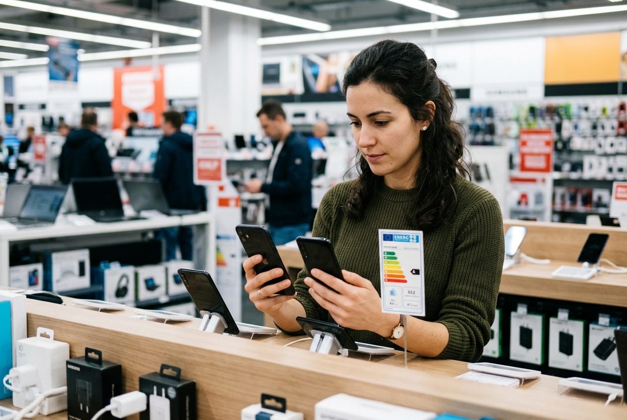 Une personne compare deux smartphones dans un rayon de magasin en consultant une étiquette énergétique.