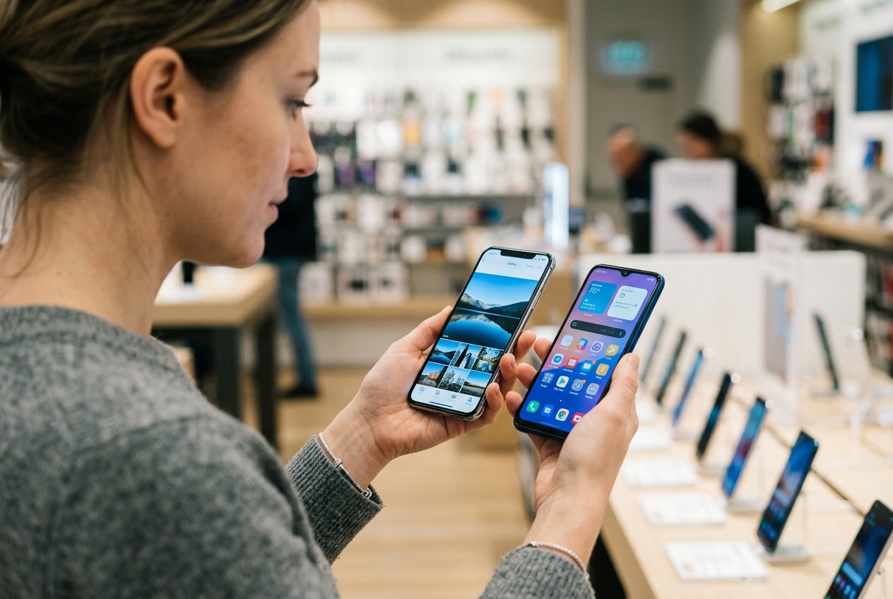 Une personne tient deux smartphones modernes côte à côte dans un magasin d'électronique.