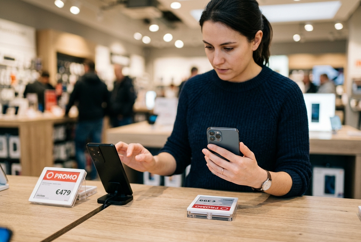 Une personne compare deux smartphones sur un présentoir en magasin avec des étiquettes de prix.