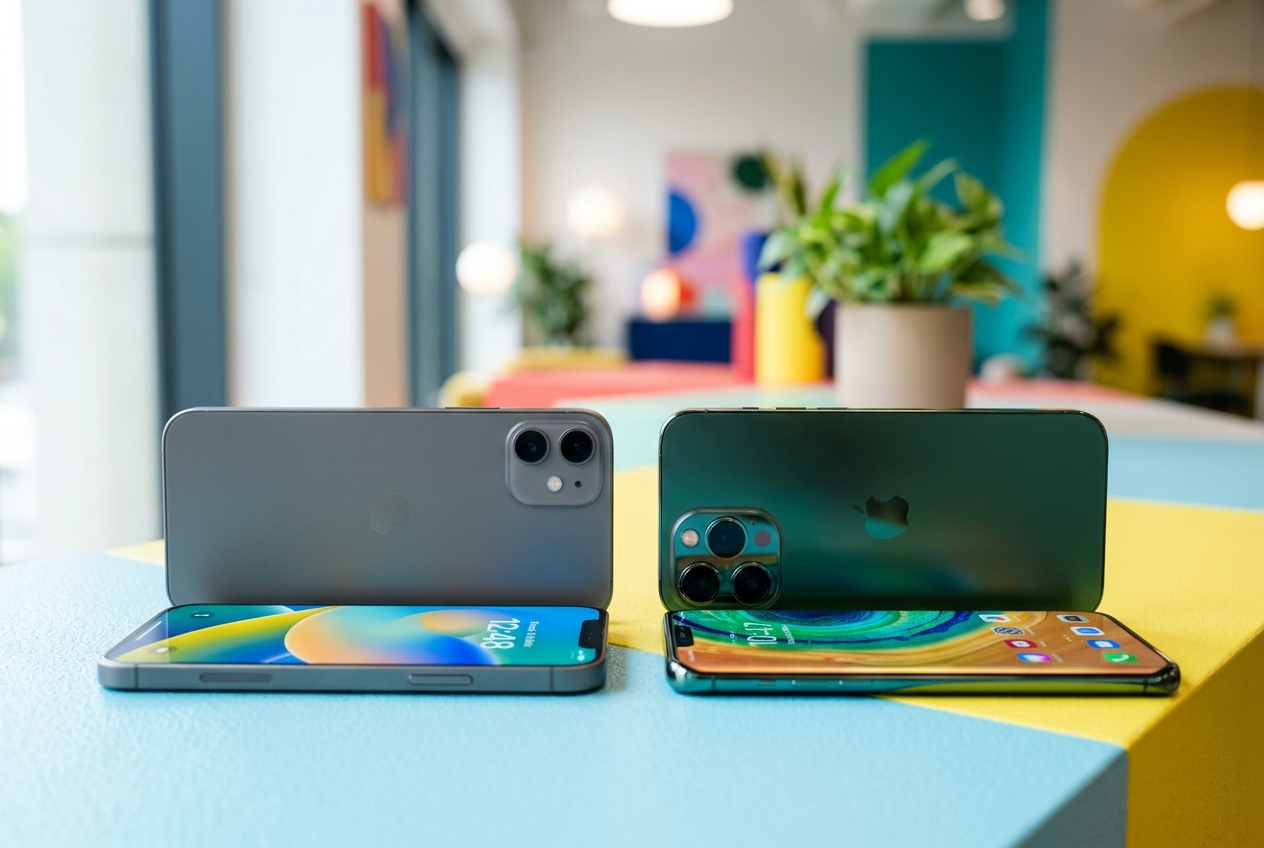 Deux smartphones posés côte à côte sur une surface colorée, comparant un modèle standard et un modèle premium.