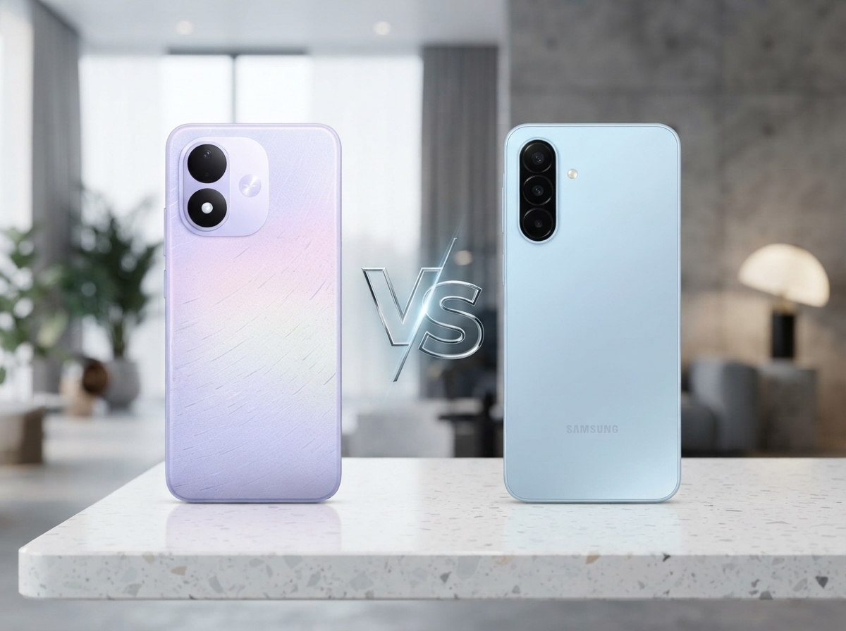 Comparaison de deux smartphones, l'un violet et l'autre bleu clair, posés sur un comptoir.