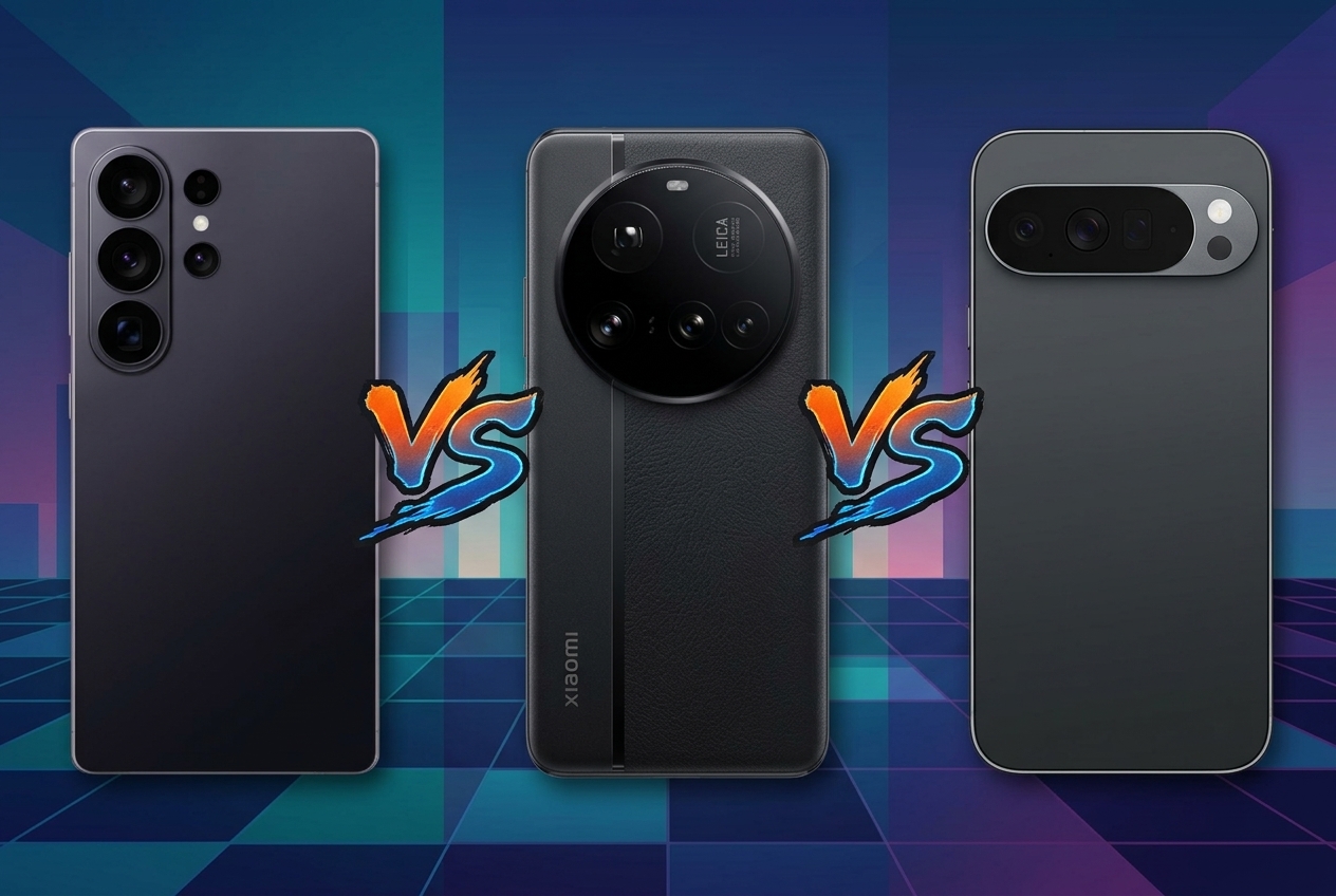 Trois smartphones alignés sur un fond coloré avec des logos VS stylisés.