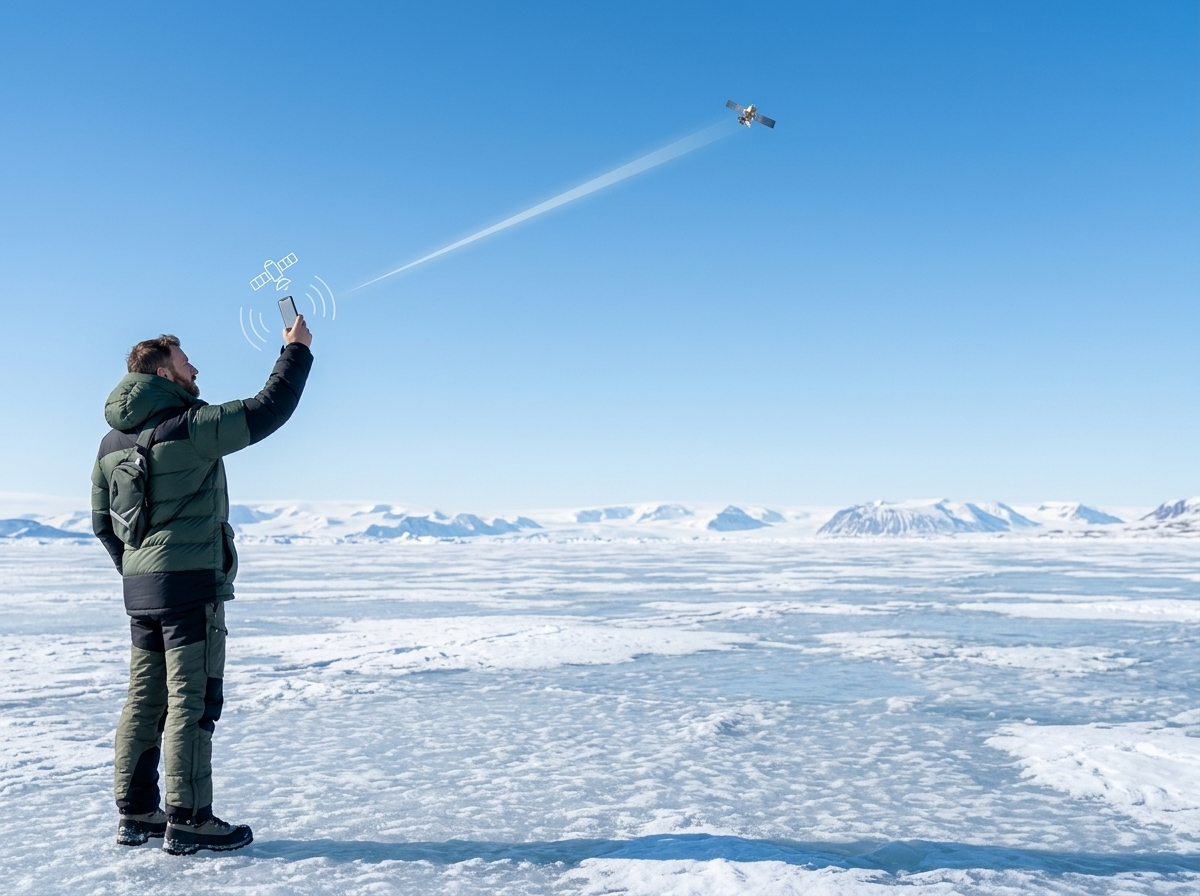 Personne debout sur une étendue glacée tenant un téléphone vers un satellite en orbite pour capter le réseau.