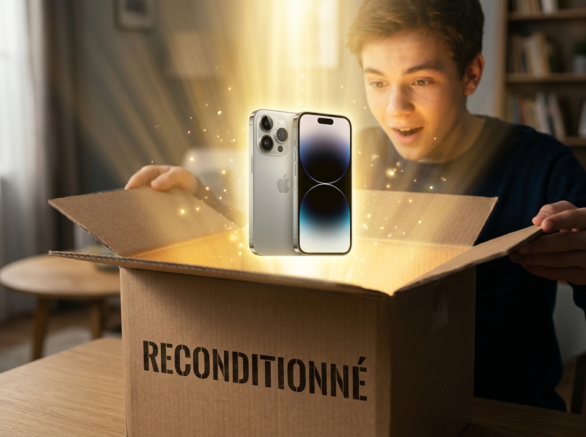 Un jeune homme ouvre un carton marqué reconditionné contenant un iPhone 14 Pro entouré d'une lueur dorée.