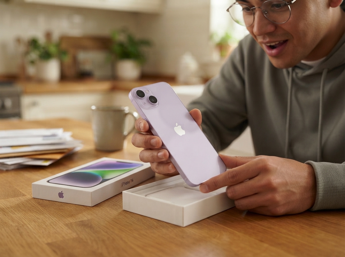 Un homme déballe un iPhone 14 violet au-dessus d'une table en bois.