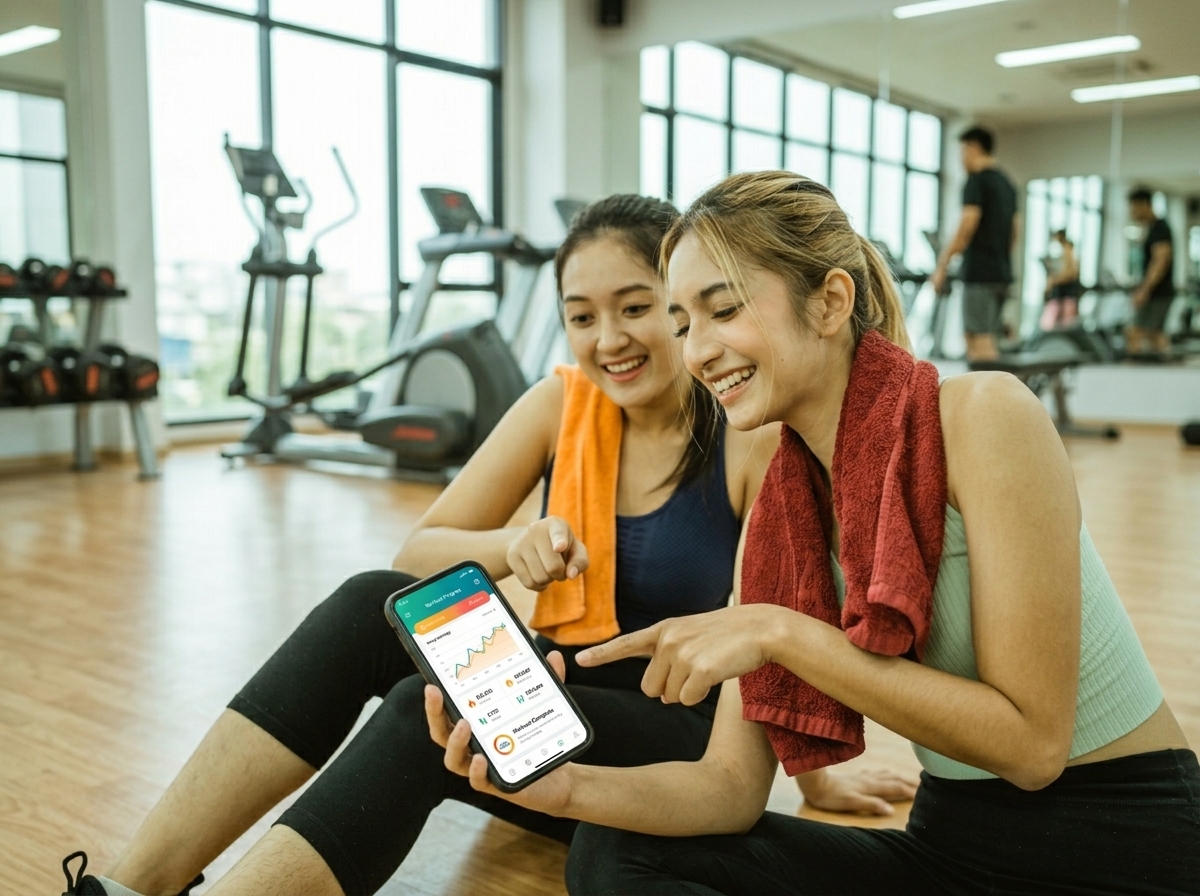 Deux femmes regardent une application de fitness sur un smartphone dans une salle de sport, éclairage naturel, photo.