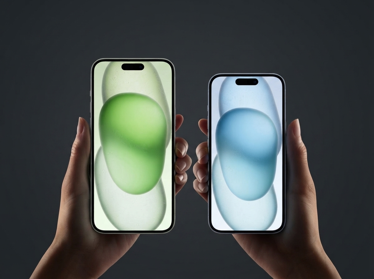 Deux mains tenant deux smartphones avec des fonds d'écran abstraits vert et bleu sur fond gris.