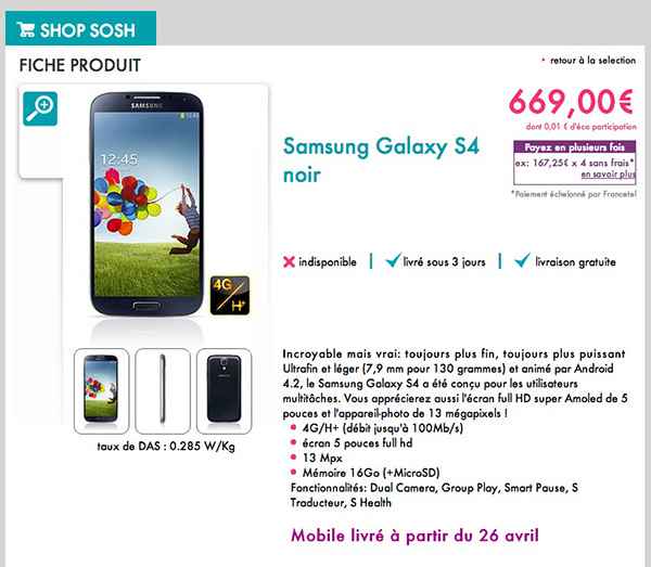 Samsung Galaxy S4 : pré-commande, prix et date de disponibilité chez Sosh !