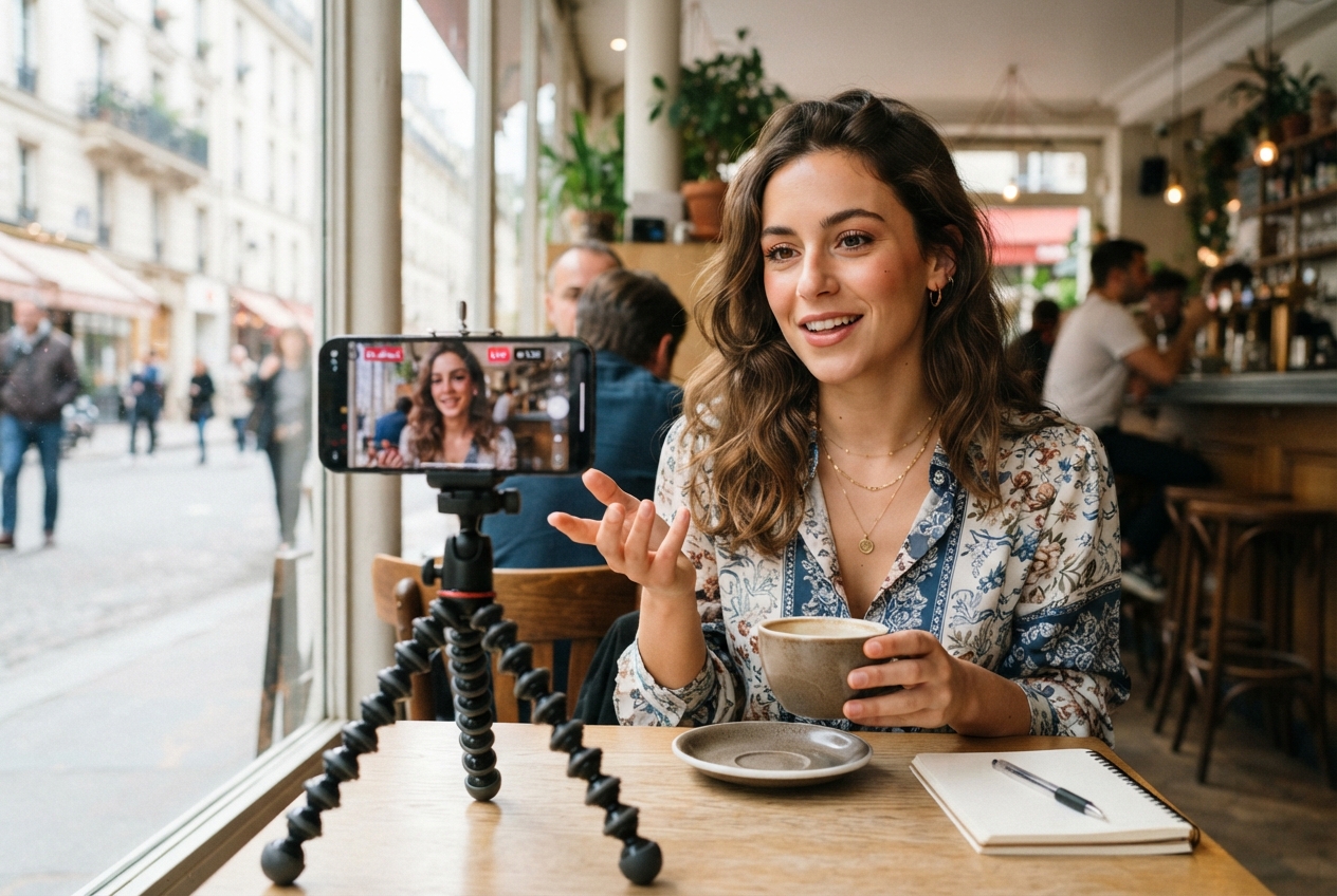 Une femme se filme avec un smartphone pour les réseaux sociaux.