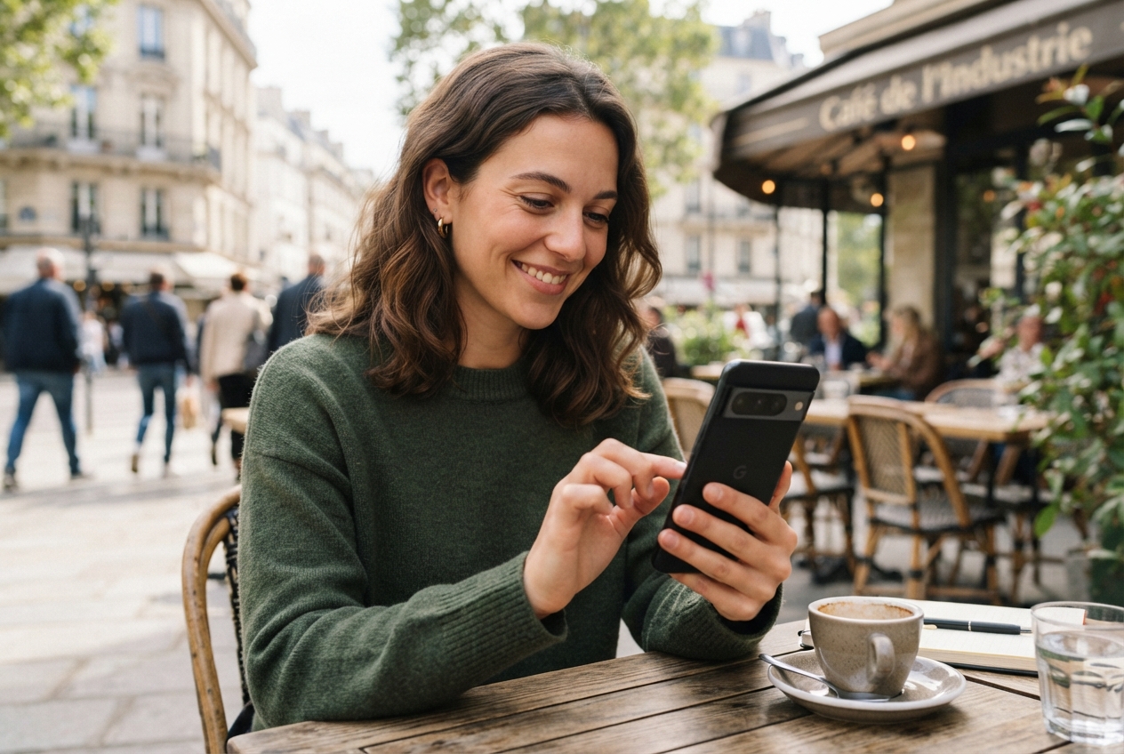 Une femme tenant un smartphone Google Pixel dans sa main.