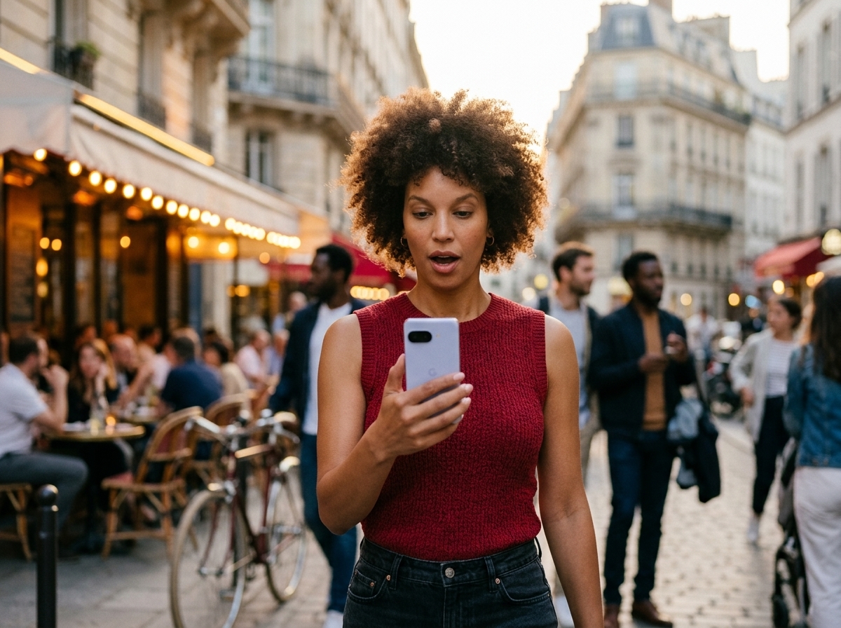 Une femme regarde son smartphone dans une rue animée de Paris, éclairage naturel, photographie de portrait.