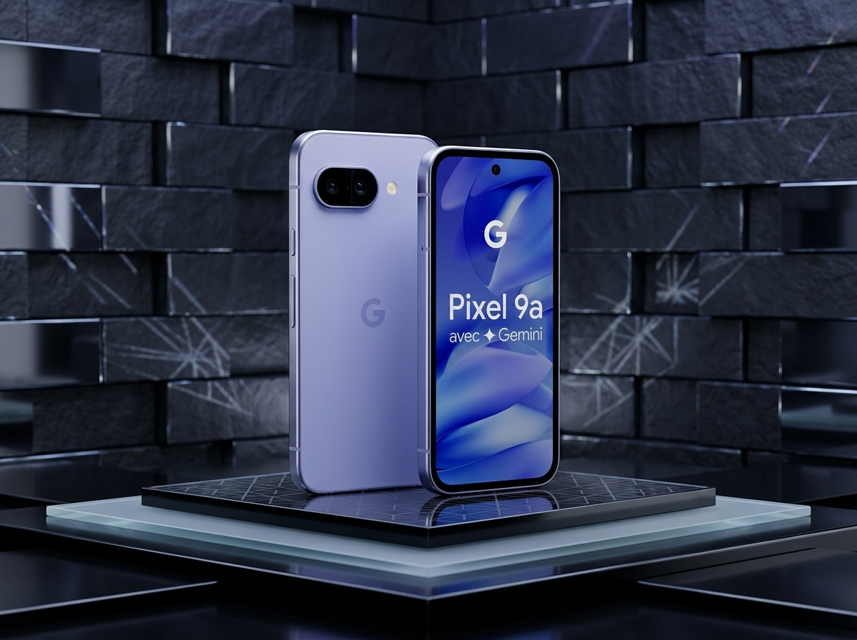 Smartphone Google Pixel 9a sur un socle devant un mur en briques sombres, éclairage studio, photographie produit.
