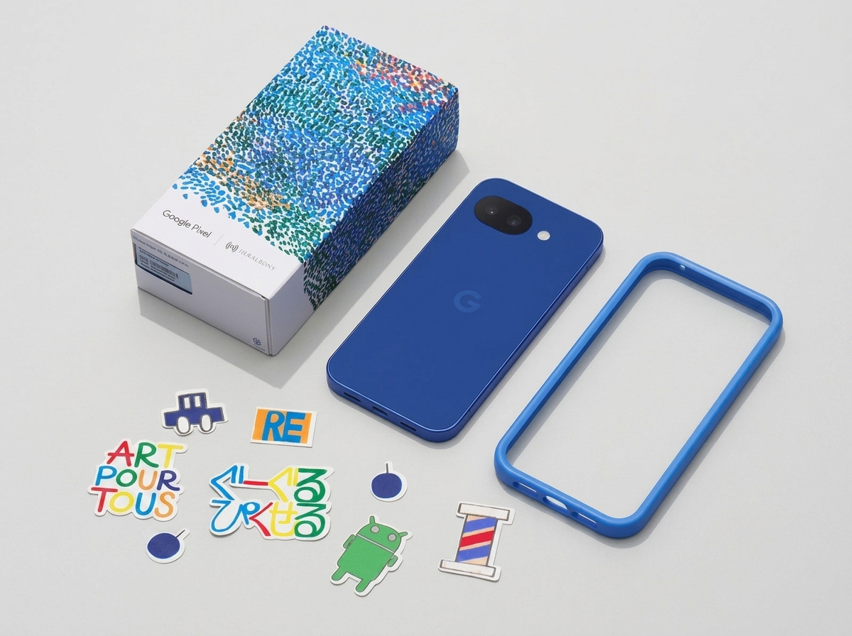 Un smartphone Google Pixel bleu, sa boîte, une coque et des autocollants sur fond blanc, éclairage diffus, vue de dessus.