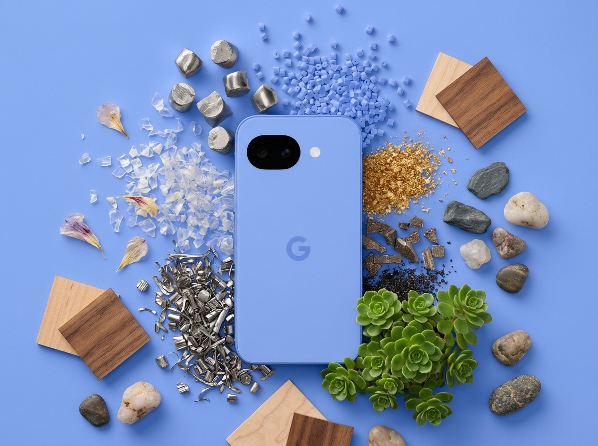 Un smartphone Google Pixel bleu entouré de matériaux naturels et industriels, éclairage diffus, vue de dessus.