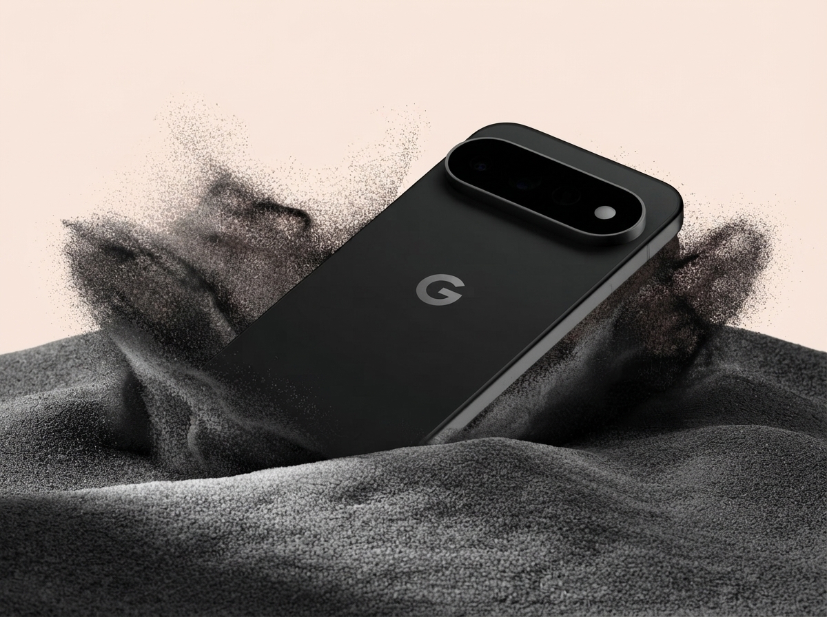 Smartphone Google Pixel noir posé sur un tas de sable noir.