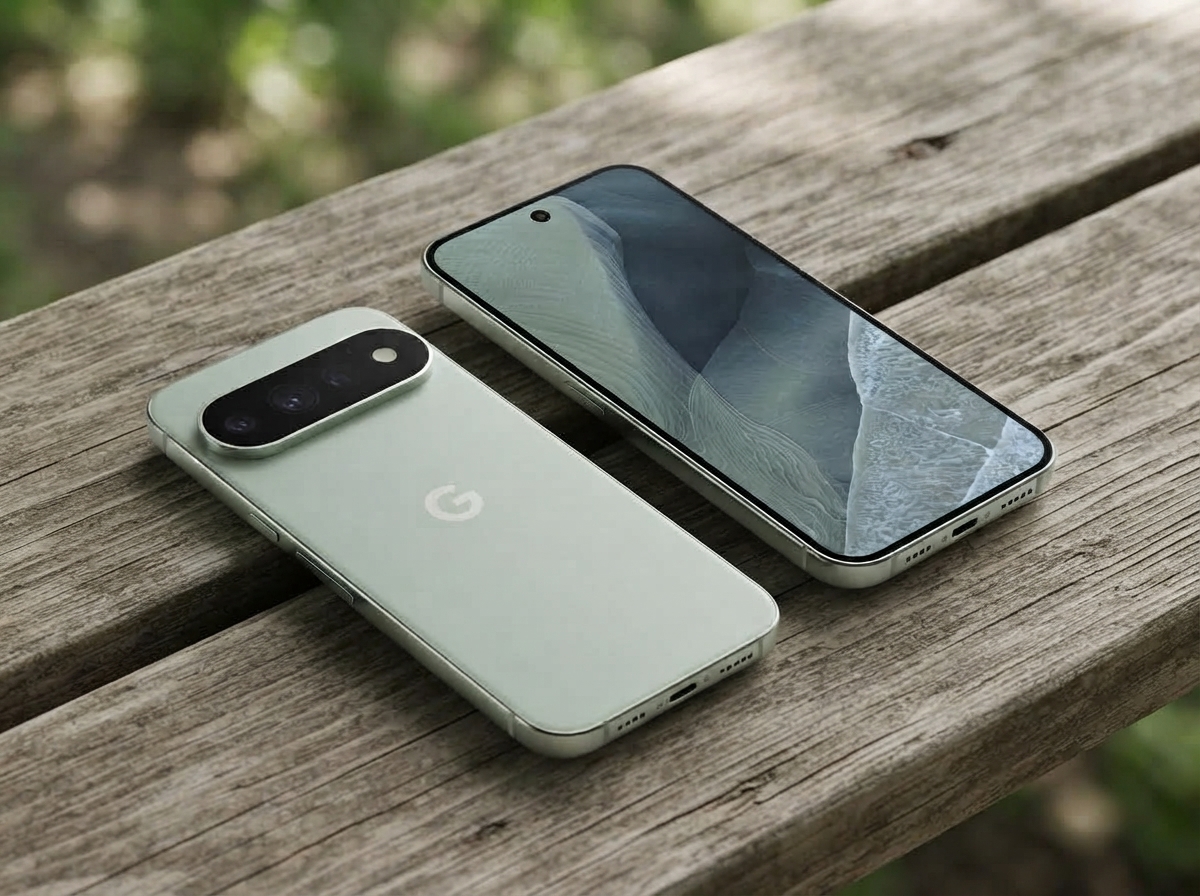 Deux smartphones Google Pixel posés sur une table de pique-nique en bois.