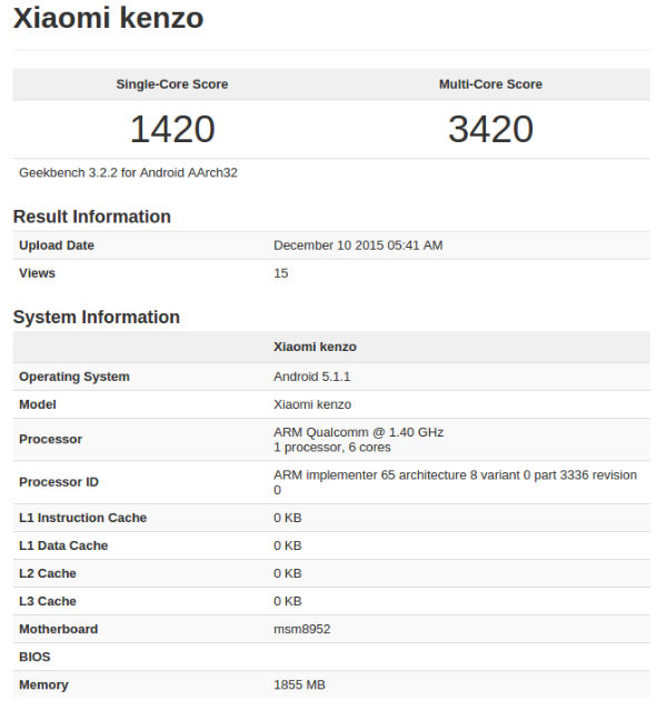 Un Xiaomi « Kenzo » apparaît sur GeekBench : serait-ce le Redmi 3 ?