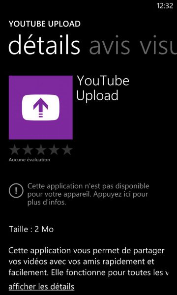 YouTube Upload n'est pas compatible avec le Lumia 925
