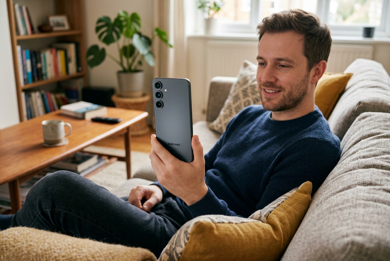 Un homme assis dans un canapé tient un smartphone Samsung Galaxy S25 face visible montrant le bloc optique arrière.