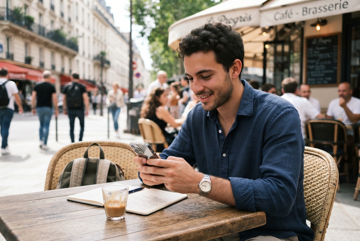 Un homme utilise son smartphone pour travailler.