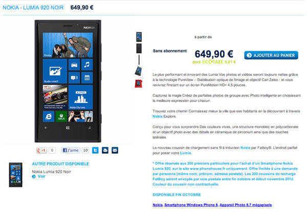 Nokia Lumia 920 : Phone House fixe le prix à 649,90 €, avec le coussin de recharge sans fil offert