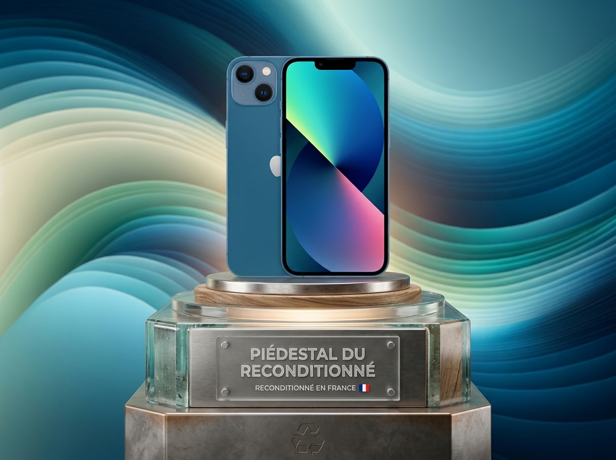iPhone 13 posé sur un piédestal portant l'inscription Piédestal du reconditionné, reconditionné en France.