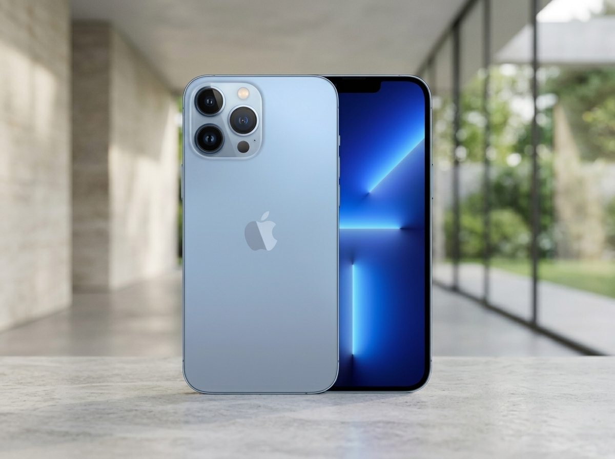 iPhone 13 Pro bleu posé sur une surface plane avec un arrière-plan flou.