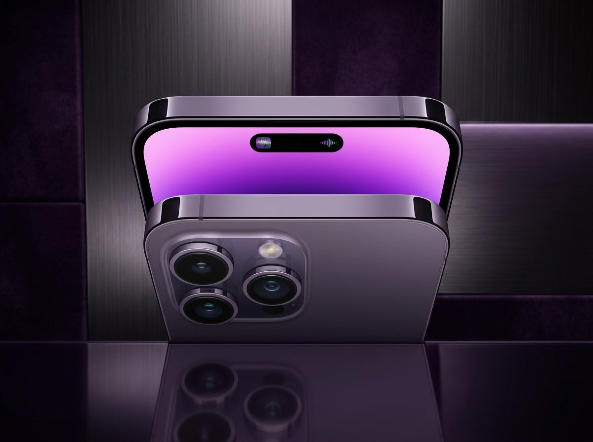 Un iPhone 14 Pro photographié sur une surface réfléchissante, éclairage studio, style photographie publicitaire.