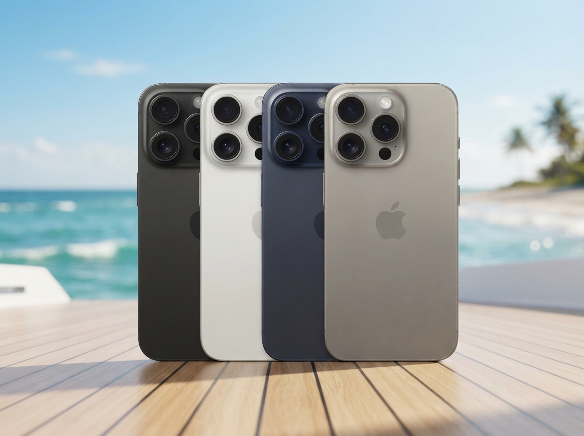 Quatre iPhone 15 Pro de couleurs différentes alignés au centre sur un pont de bateau avec une plage en arrière-plan.