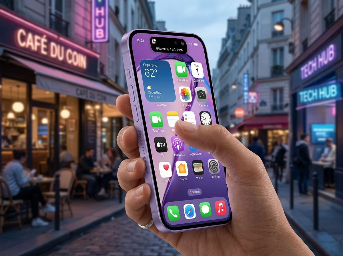 Main tenant un iPhone 17 violet dans une rue avec des enseignes lumineuses.