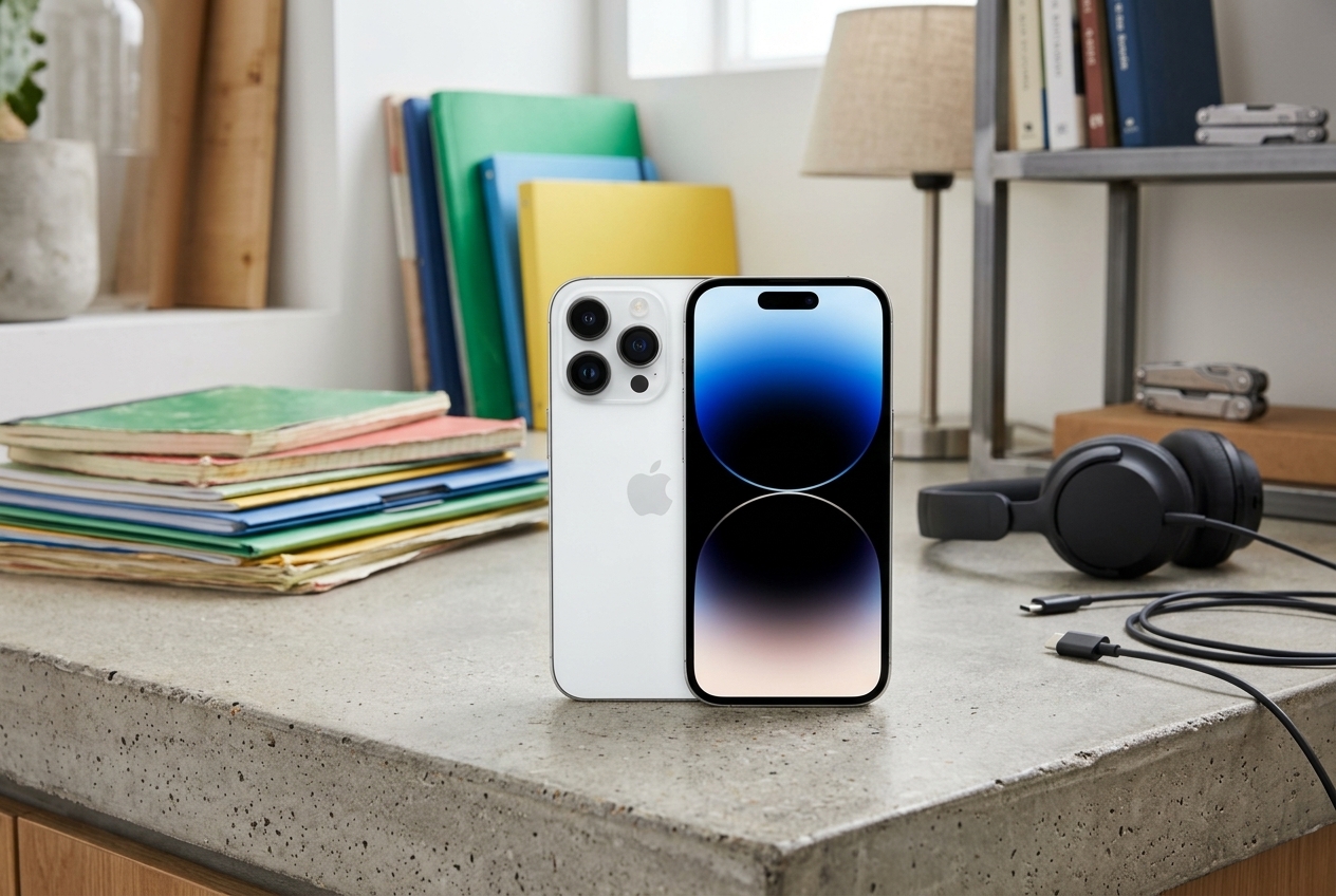 iPhone posé sur un plan de travail en béton dans un atelier avec des dossiers et un casque audio.