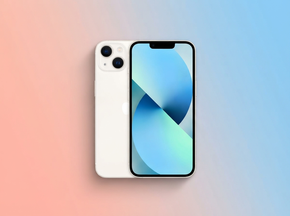 Vue de face et de dos d'un iPhone blanc sur un fond dégradé bleu et orange.
