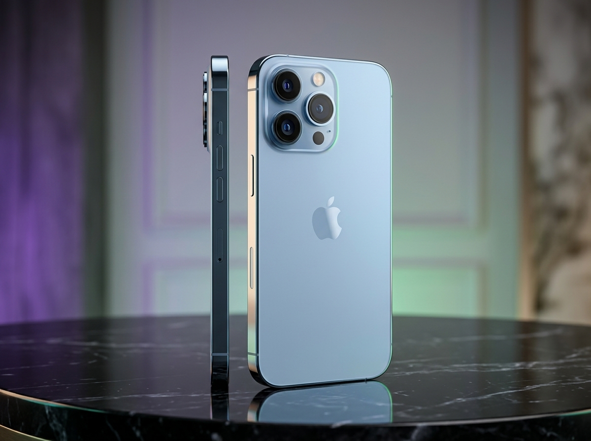 Un iPhone bleu photographié sur une table en marbre, éclairage de studio, style photographie produit.