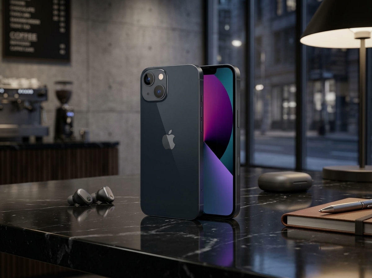 Un smartphone photographié sur un comptoir, éclairage intérieur, style publicitaire.