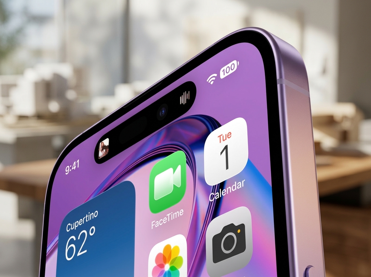 Gros plan sur le haut d'un iPhone violet affichant l'écran d'accueil avec Dynamic Island.