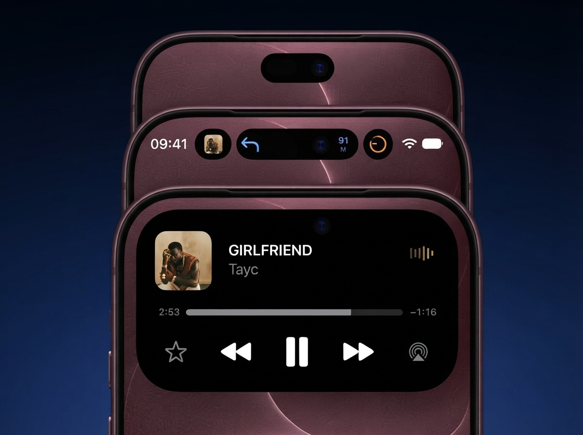 Trois smartphones affichant l'interface Dynamic Island avec le lecteur de musique actif.