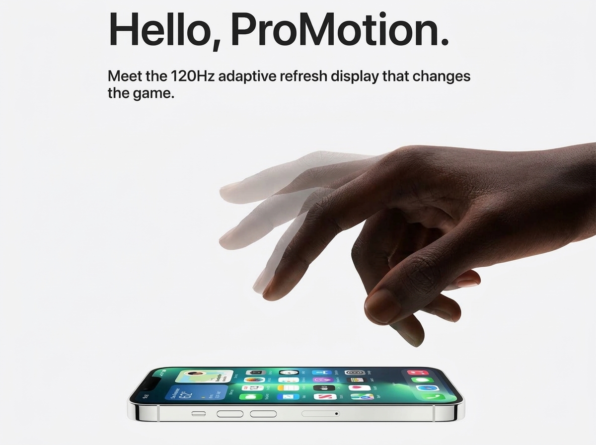 Un smartphone Apple avec écran 120Hz photographié sur fond blanc, éclairage studio, style publicitaire.