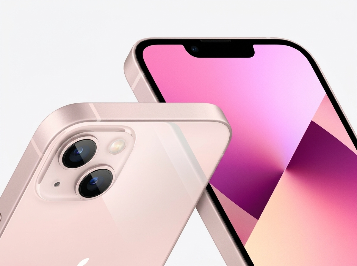 Un smartphone rose photographié sur fond blanc, éclairage diffus, style photographie de produit.